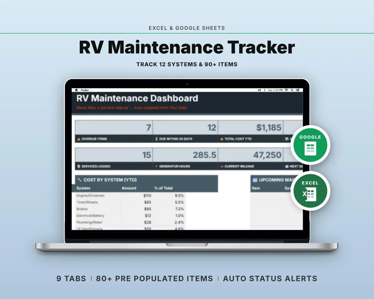 RV Maintenance Tracker Spreadsheet preview 1
