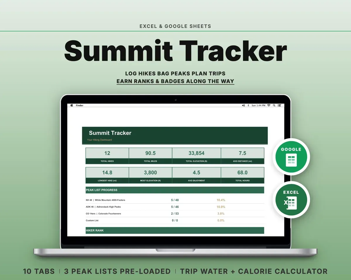 Hiking Log & Peak Bagging Tracker Spreadsheet preview 1