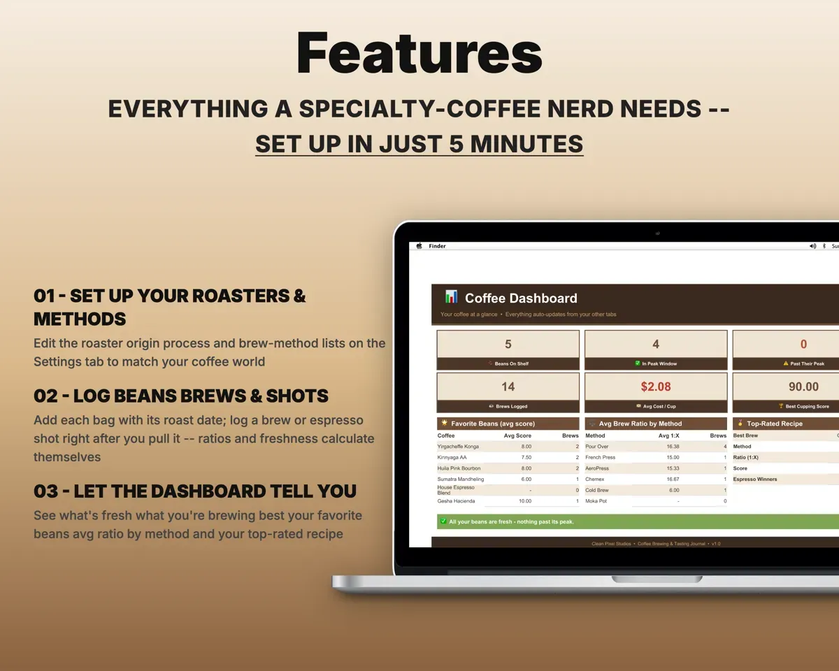 Coffee Brewing & Tasting Journal Spreadsheet preview 2