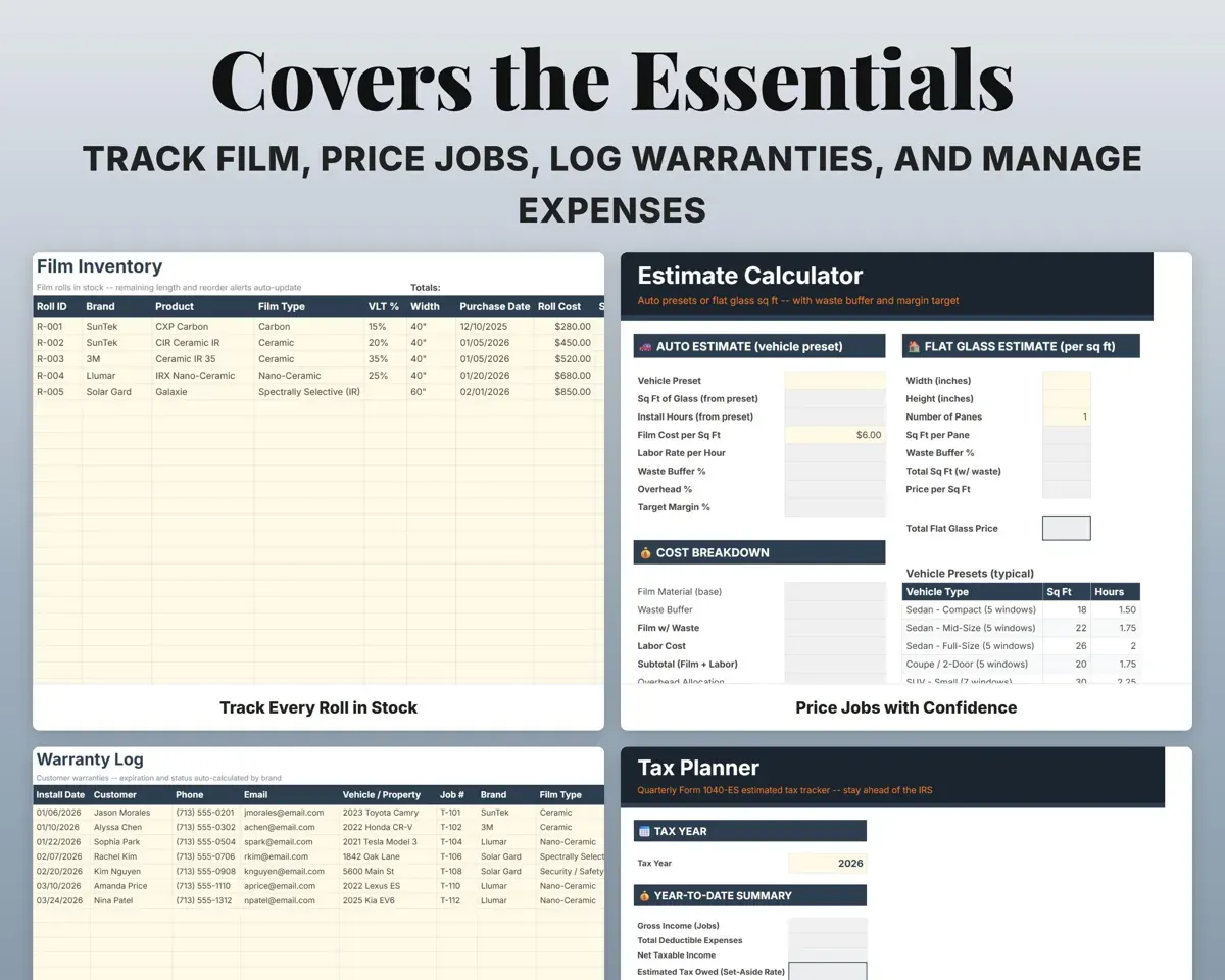 Window Tinting Business Tracker Spreadsheet preview 4